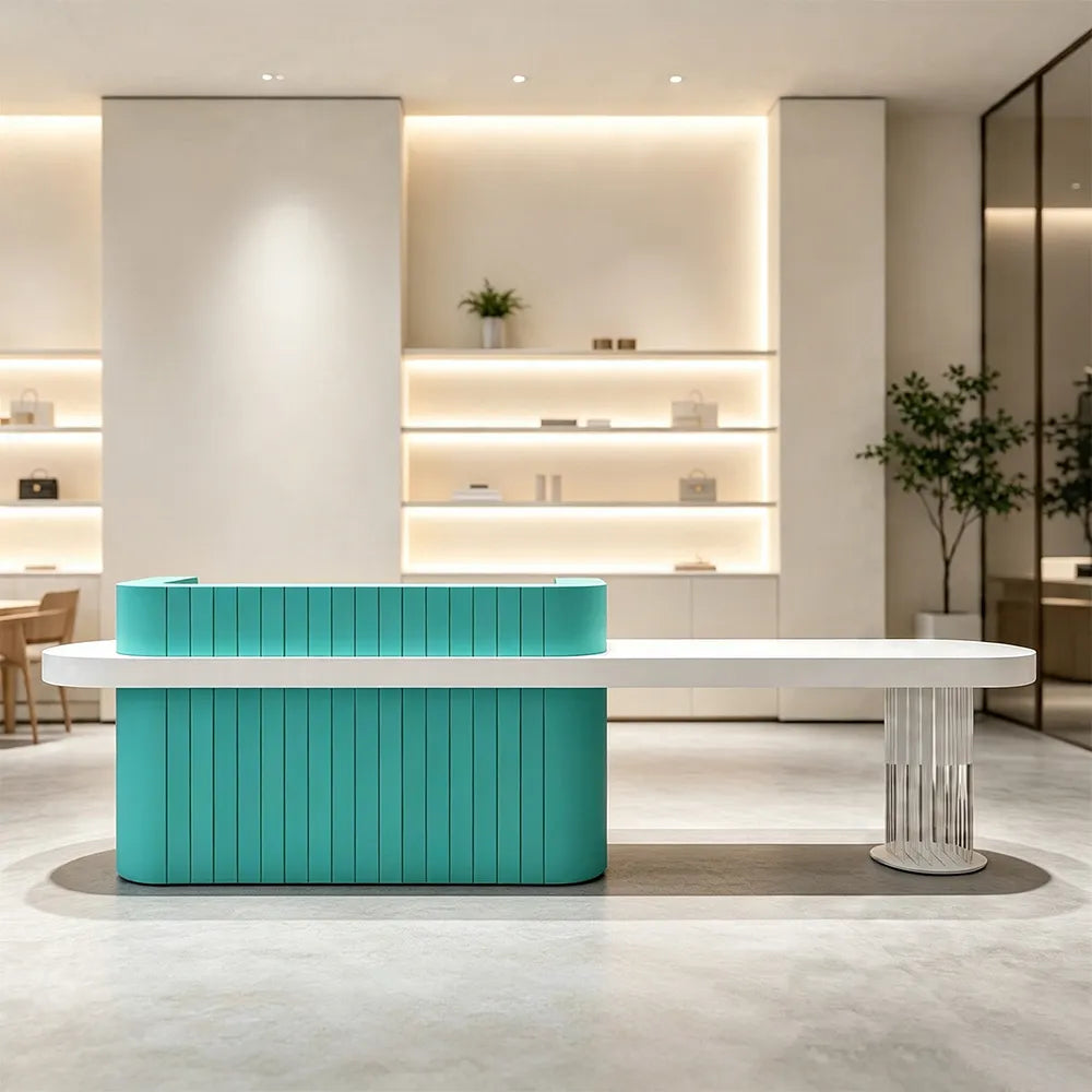 LUXORA Modern Reception Desk with Fluted Front and Extended Worktop for Office Salon Retail Store - Tiffany Blue & White
