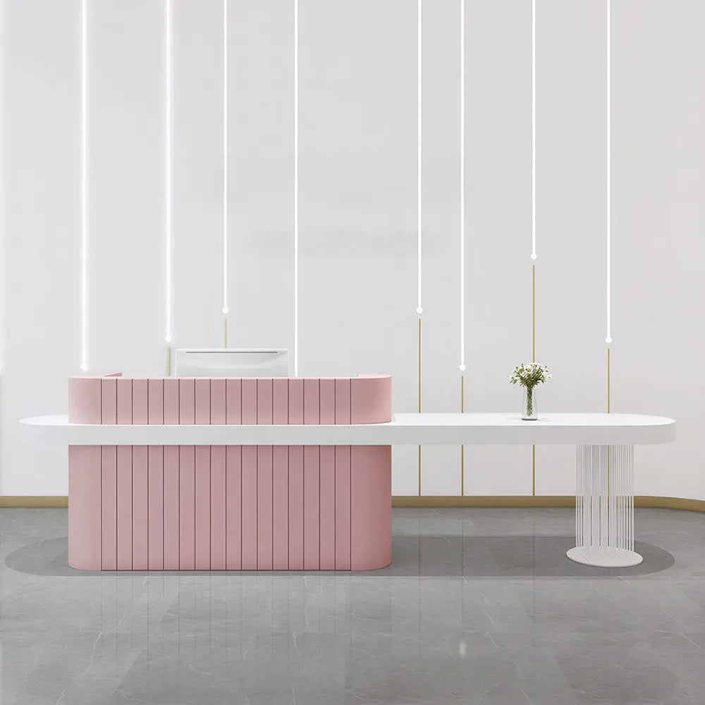 LUXORA Modern Reception Desk with Fluted Front and Extended Worktop for Office Salon Retail Store - Pink & White