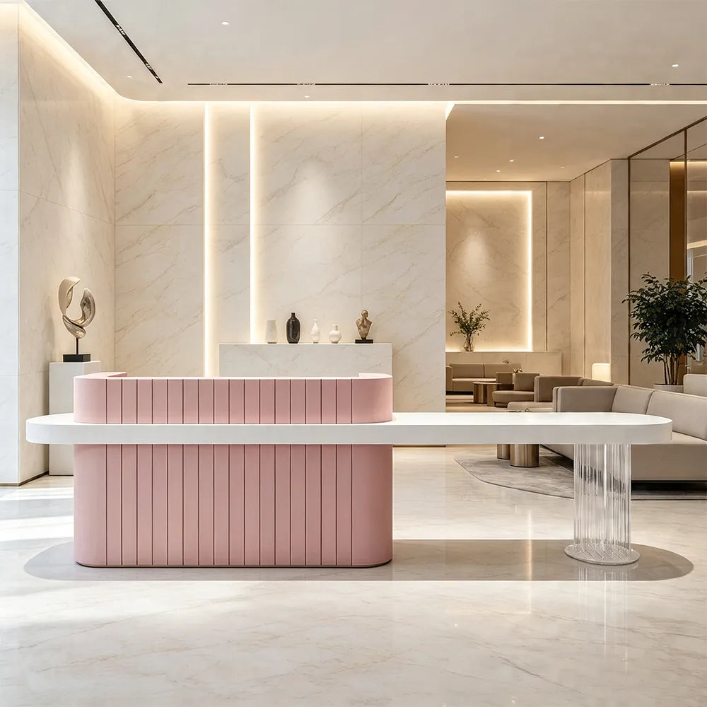 LUXORA Modern Reception Desk with Fluted Front and Extended Worktop for Office Salon Retail Store - Pink & White