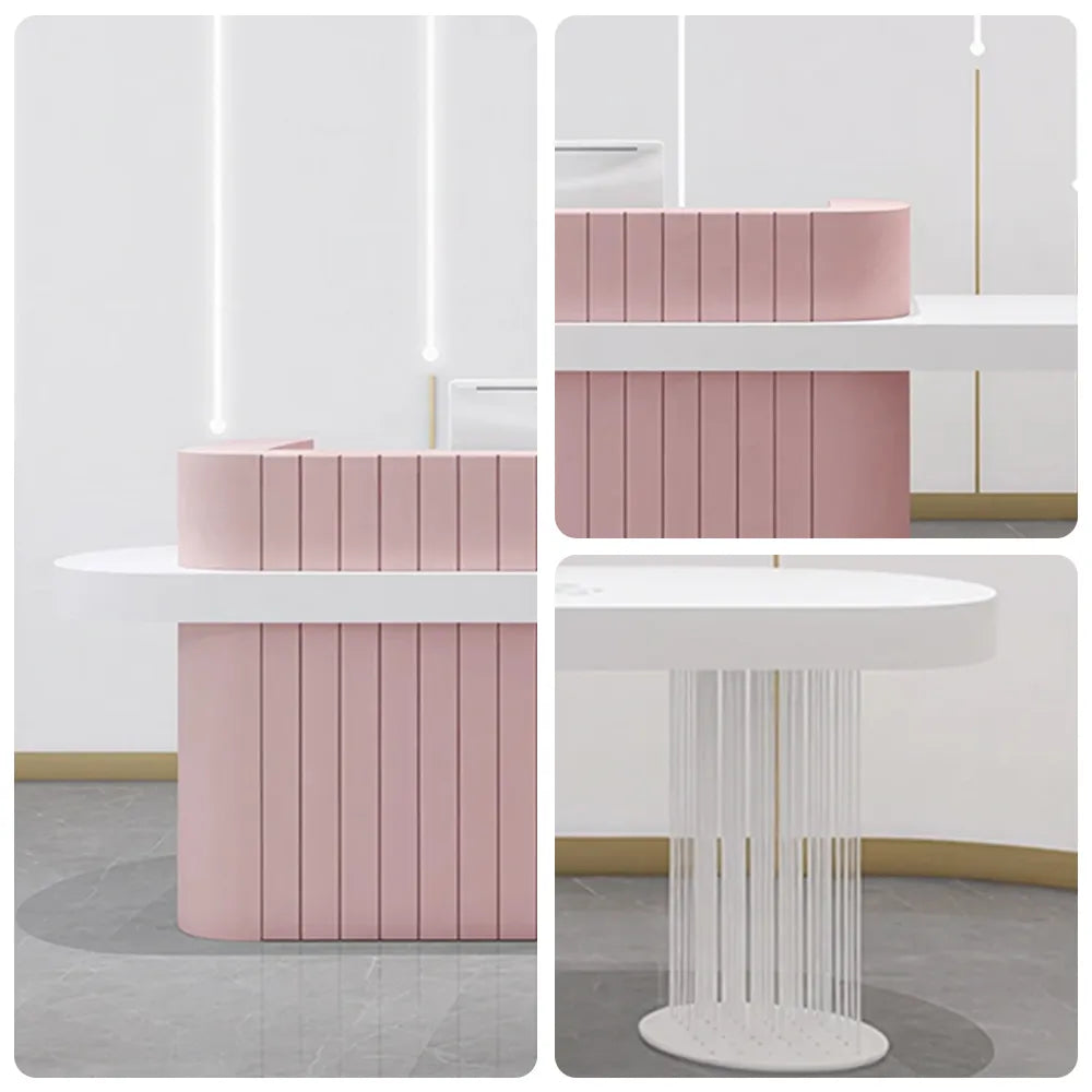 LUXORA Modern Reception Desk with Fluted Front and Extended Worktop for Office Salon Retail Store - Pink & White