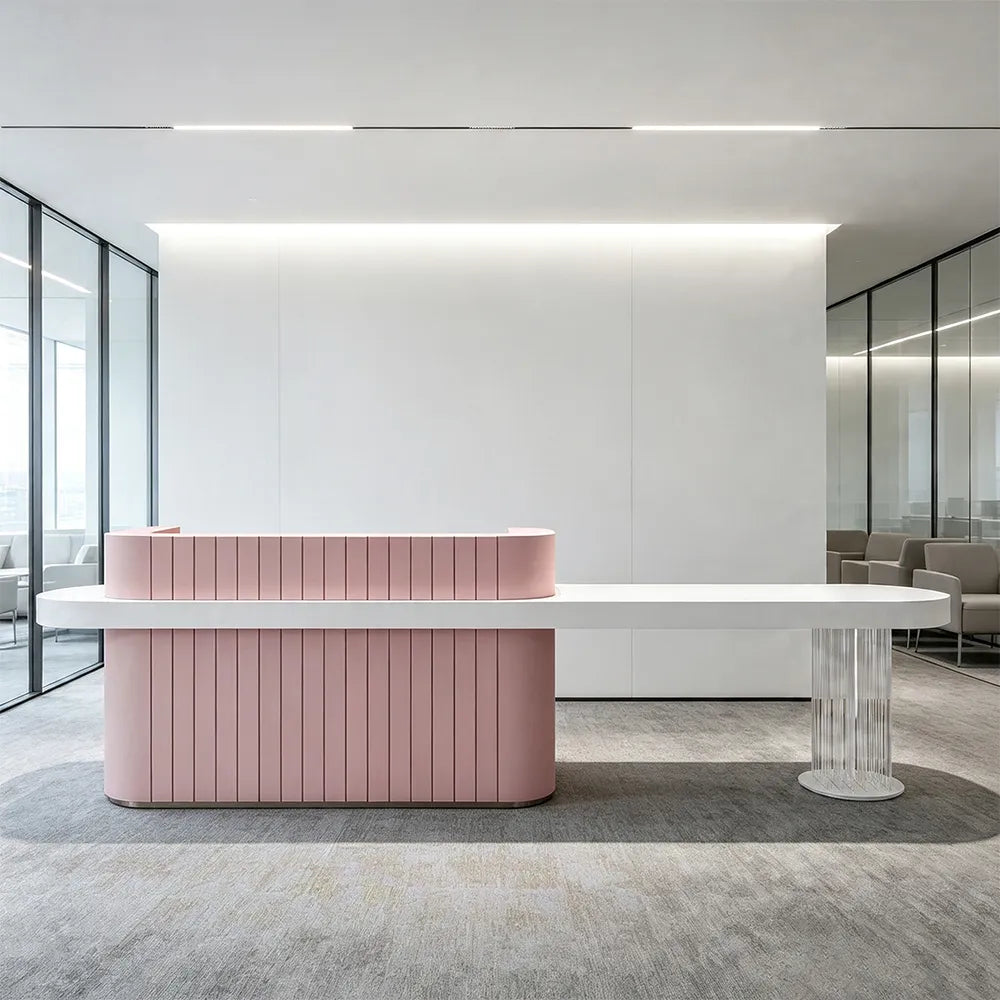 LUXORA Modern Reception Desk with Fluted Front and Extended Worktop for Office Salon Retail Store - Pink & White