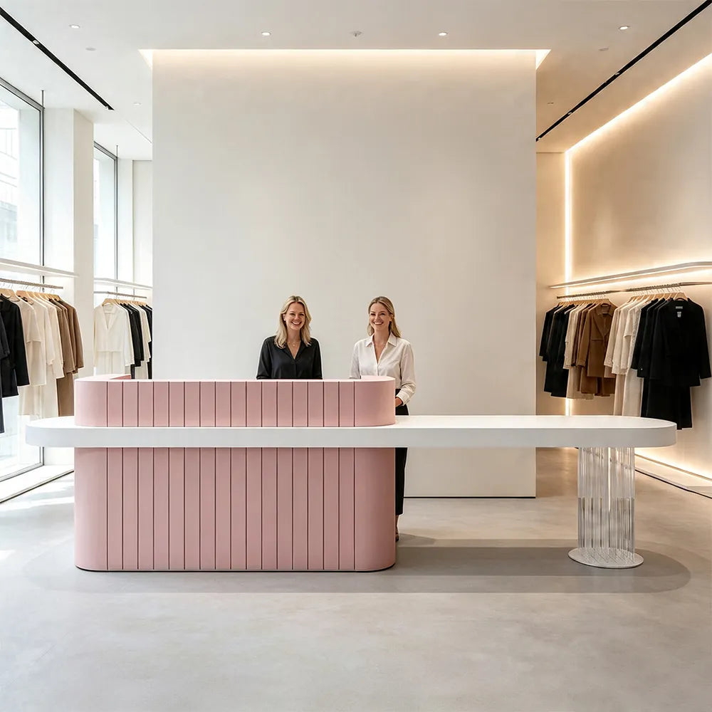 LUXORA Modern Reception Desk with Fluted Front and Extended Worktop for Office Salon Retail Store - Pink & White