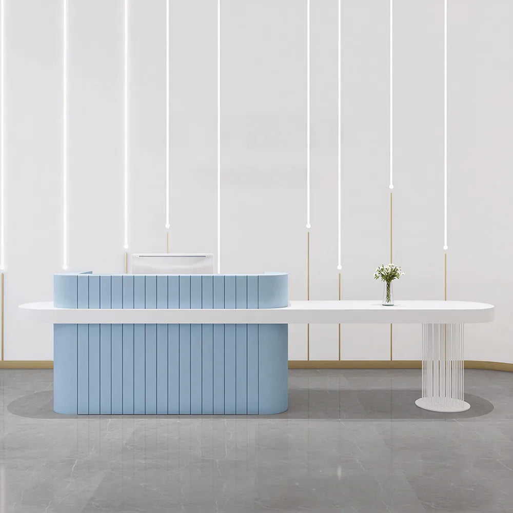 LUXORA Modern Reception Desk with Fluted Front and Extended Worktop for Office Salon Retail Store -Blue & White