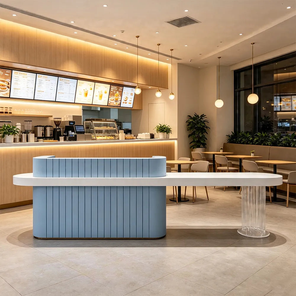LUXORA Modern Reception Desk with Fluted Front and Extended Worktop for Office Salon Retail Store -Blue & White
