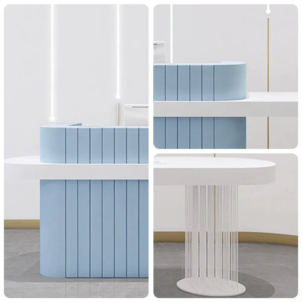 LUXORA Modern Reception Desk with Fluted Front and Extended Worktop for Office Salon Retail Store -Blue & White