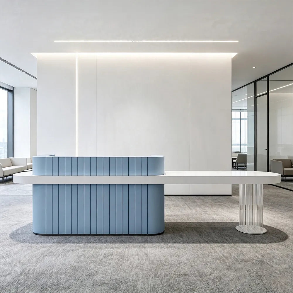 LUXORA Modern Reception Desk with Fluted Front and Extended Worktop for Office Salon Retail Store -Blue & White