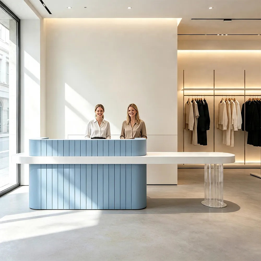 LUXORA Modern Reception Desk with Fluted Front and Extended Worktop for Office Salon Retail Store -Blue & White