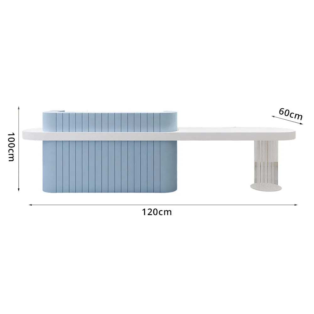 LUXORA Modern Reception Desk with Fluted Front and Extended Worktop for Office Salon Retail Store -Blue & White