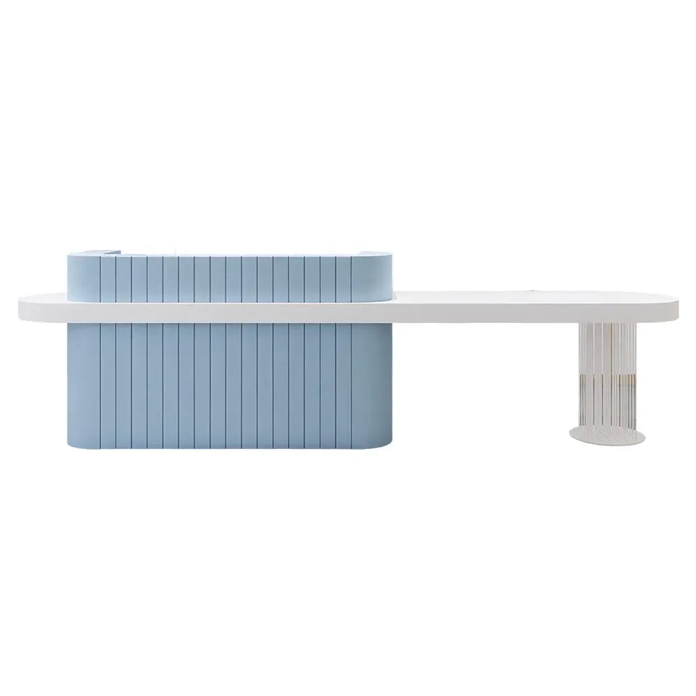 LUXORA Modern Reception Desk with Fluted Front and Extended Worktop for Office Salon Retail Store -Blue & White
