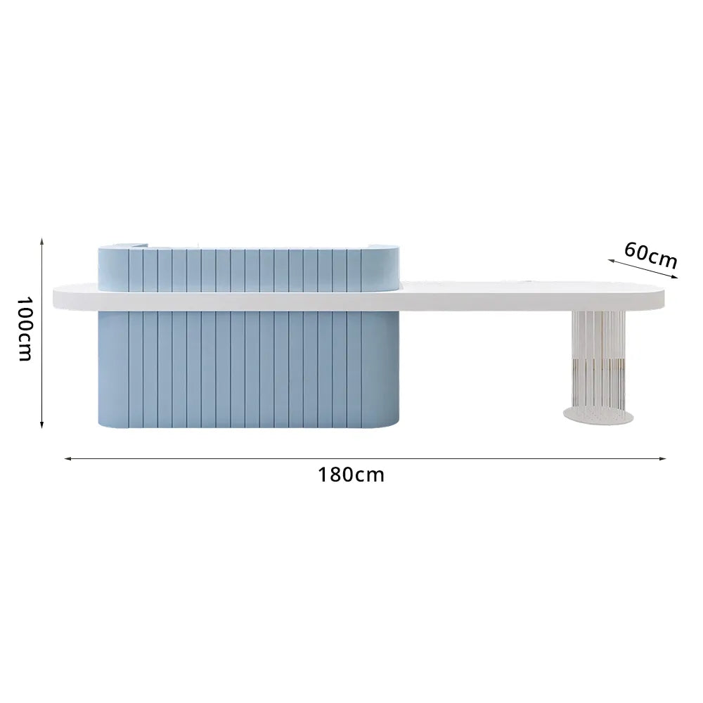 LUXORA Modern Reception Desk with Fluted Front and Extended Worktop for Office Salon Retail Store -Blue & White
