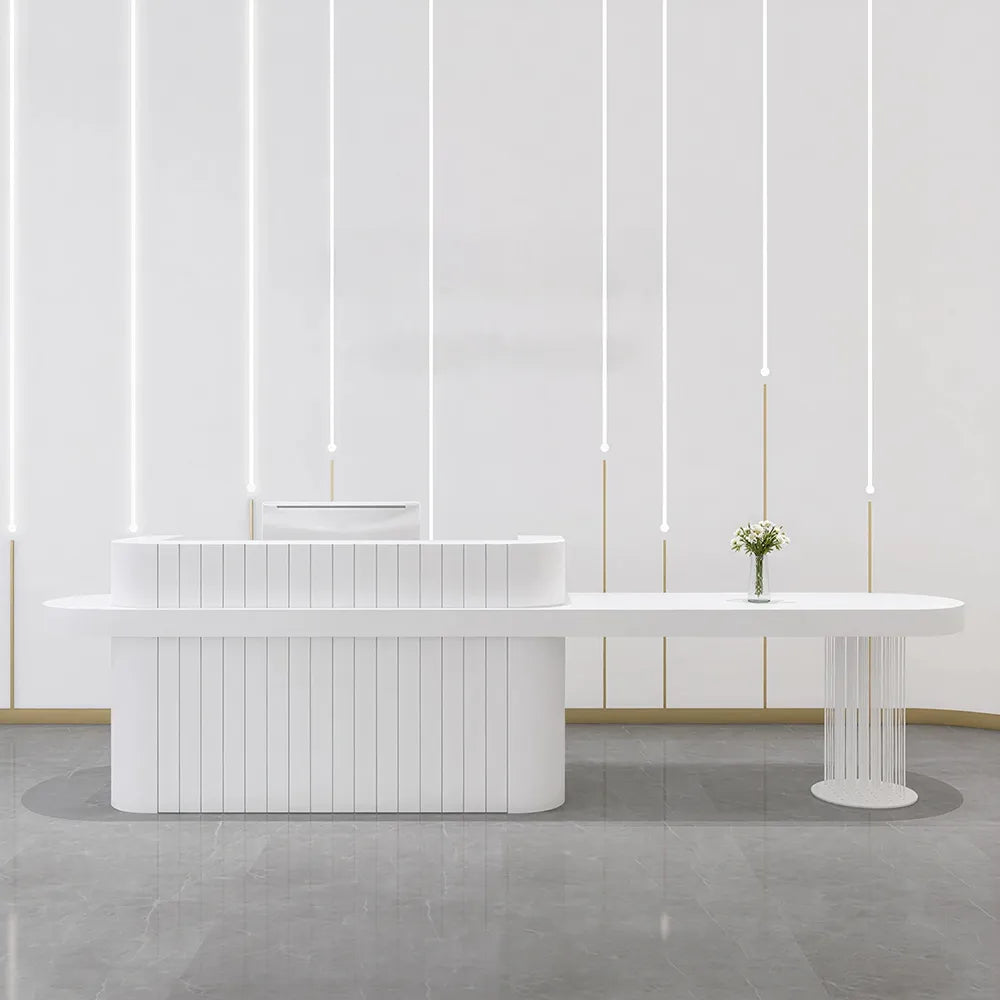 LUXORA Modern Reception Desk with Fluted Front and Extended Worktop for Office Salon Retail Store - White