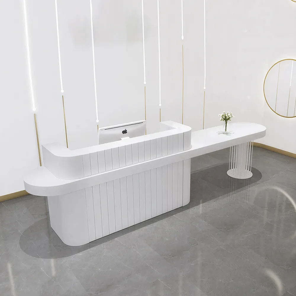 LUXORA Modern Reception Desk with Fluted Front and Extended Worktop for Office Salon Retail Store - White