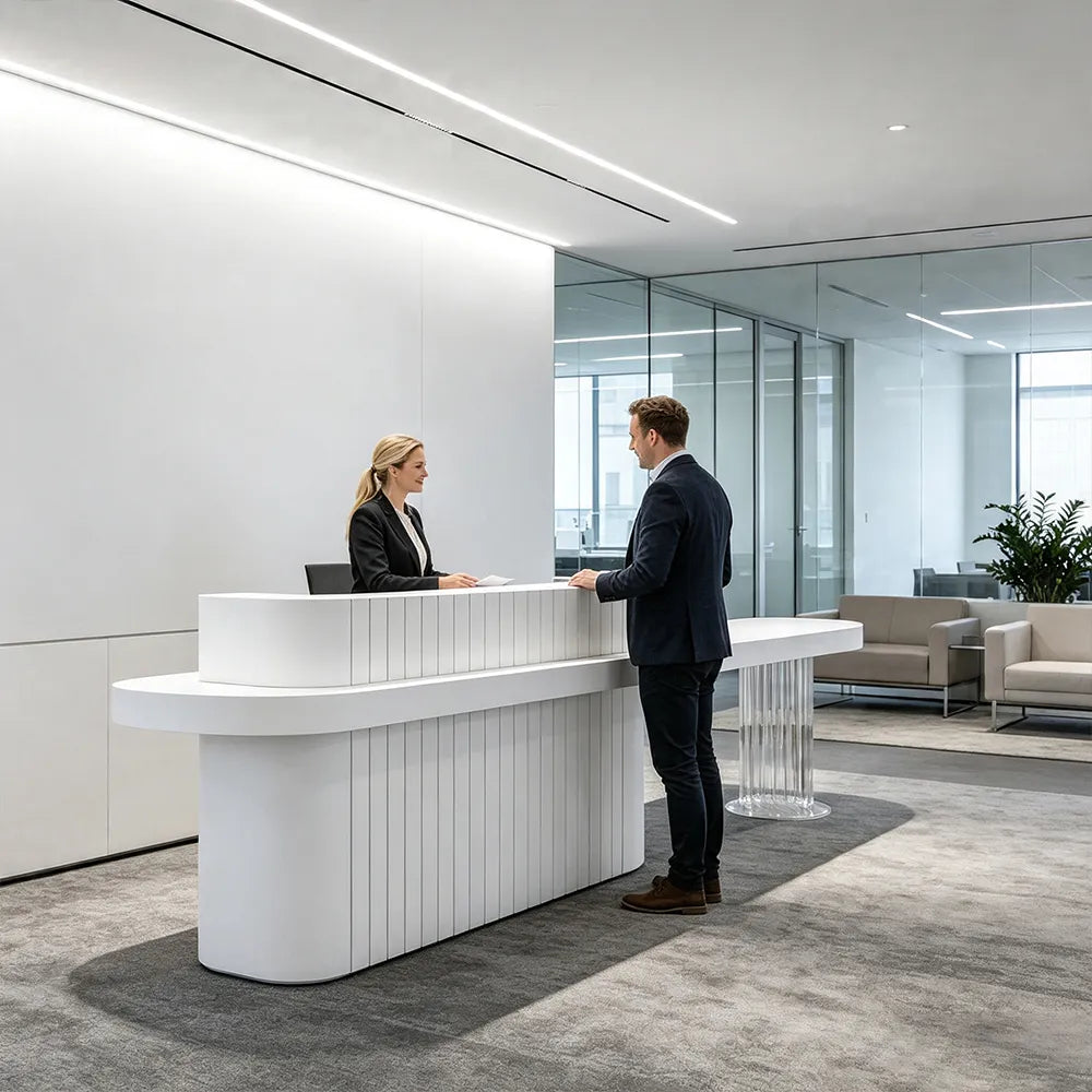 LUXORA Modern Reception Desk with Fluted Front and Extended Worktop for Office Salon Retail Store - White