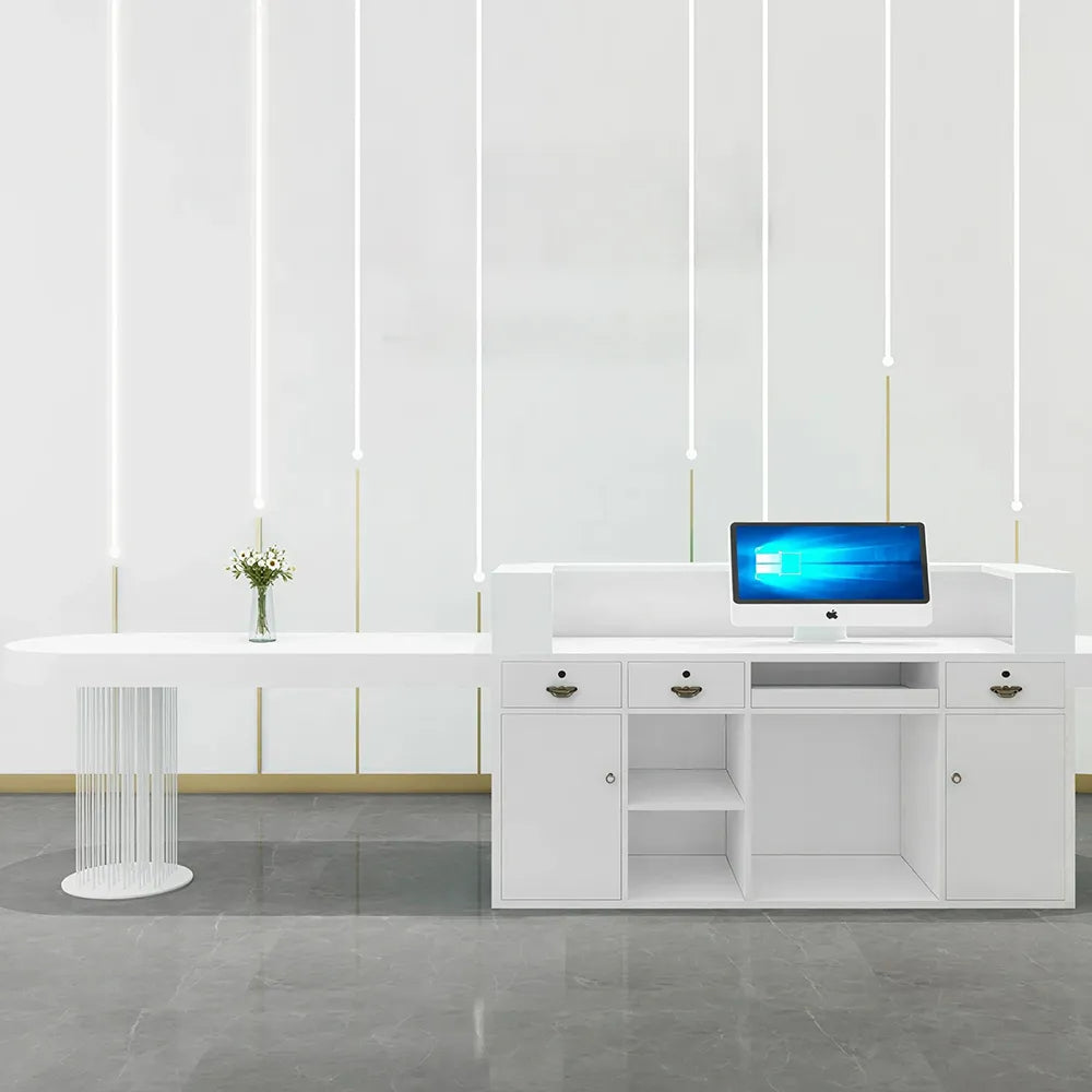 LUXORA Modern Reception Desk with Fluted Front and Extended Worktop for Office Salon Retail Store - White
