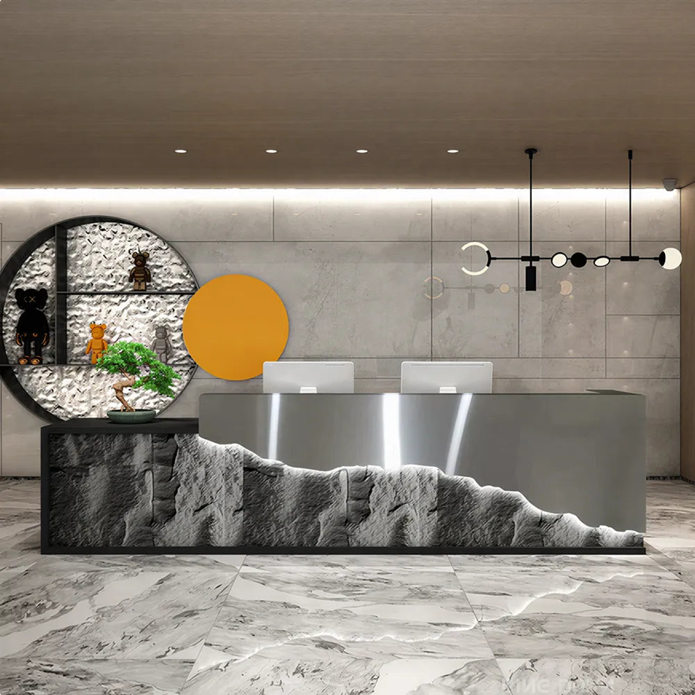 LUXORA Modern Reception Desk with LED-Lit Mushroom Stone Feature Panel for Office Retail Store - Silver Stainless Steel & Dark Grey