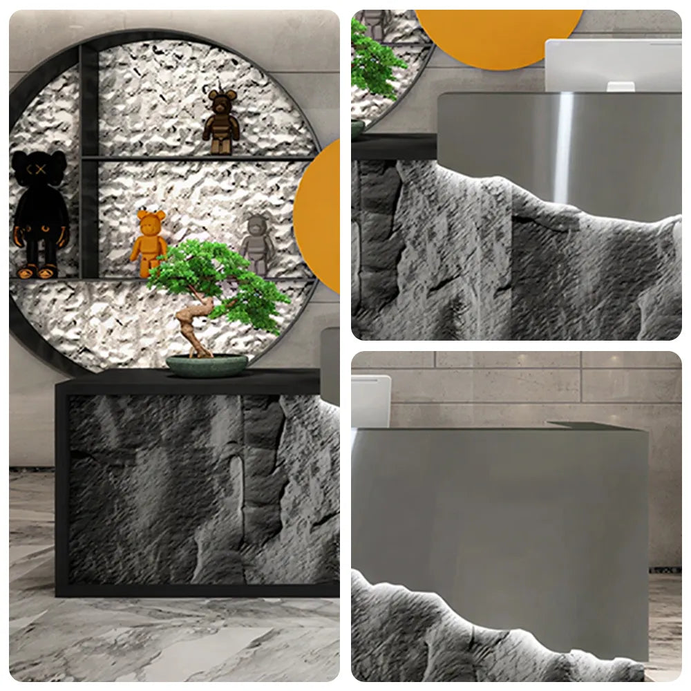 LUXORA Modern Reception Desk with LED-Lit Mushroom Stone Feature Panel for Office Retail Store - Silver Stainless Steel & Dark Grey
