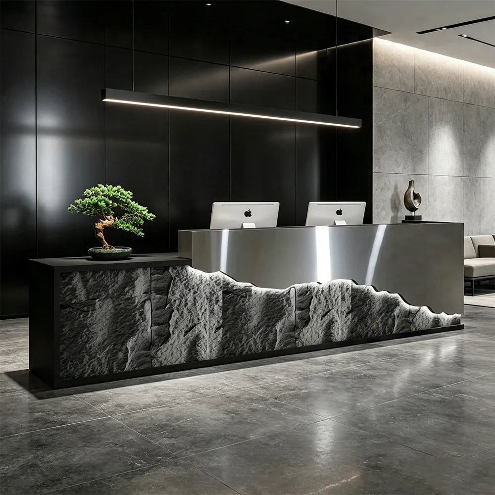 LUXORA Modern Reception Desk with LED-Lit Mushroom Stone Feature Panel for Office Retail Store - Silver Stainless Steel & Dark Grey