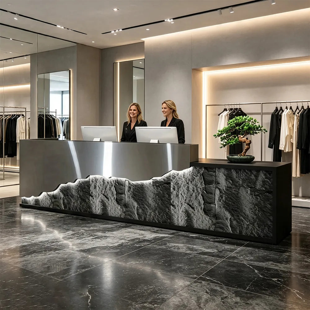 LUXORA Modern Reception Desk with LED-Lit Mushroom Stone Feature Panel for Office Retail Store - Silver Stainless Steel & Dark Grey