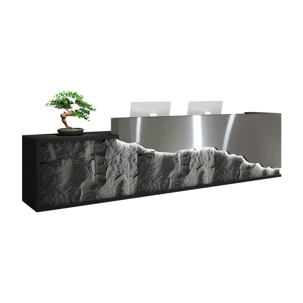 LUXORA Modern Reception Desk with LED-Lit Mushroom Stone Feature Panel for Office Retail Store - Silver Stainless Steel & Dark Grey