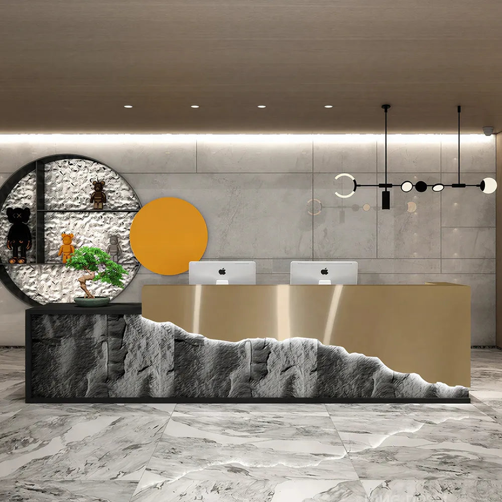 LUXORA Modern Reception Desk with LED-Lit Mushroom Stone Feature Panel for Office Retail Store - Gold Stainless Steel & Dark Grey