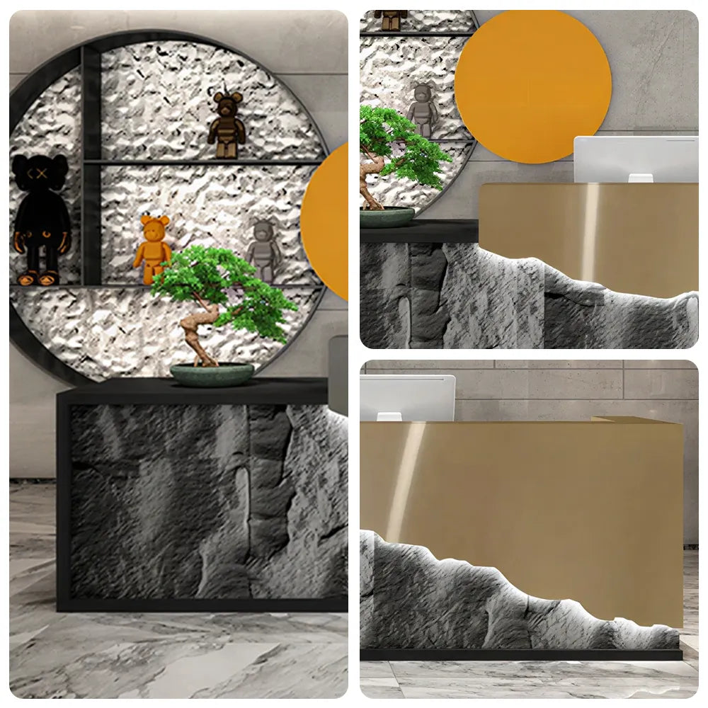 LUXORA Modern Reception Desk with LED-Lit Mushroom Stone Feature Panel for Office Retail Store - Gold Stainless Steel & Dark Grey