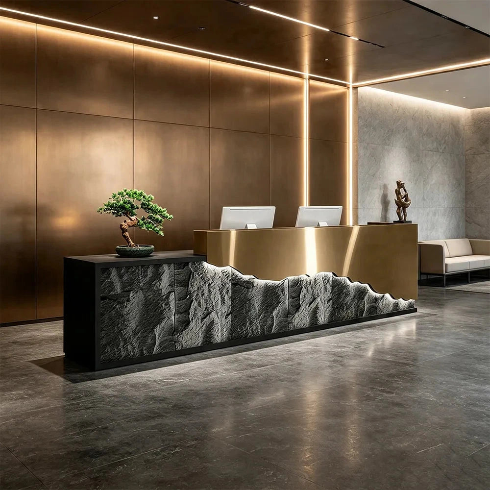 LUXORA Modern Reception Desk with LED-Lit Mushroom Stone Feature Panel for Office Retail Store - Gold Stainless Steel & Dark Grey
