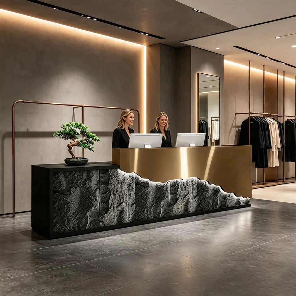 LUXORA Modern Reception Desk with LED-Lit Mushroom Stone Feature Panel for Office Retail Store - Gold Stainless Steel & Dark Grey