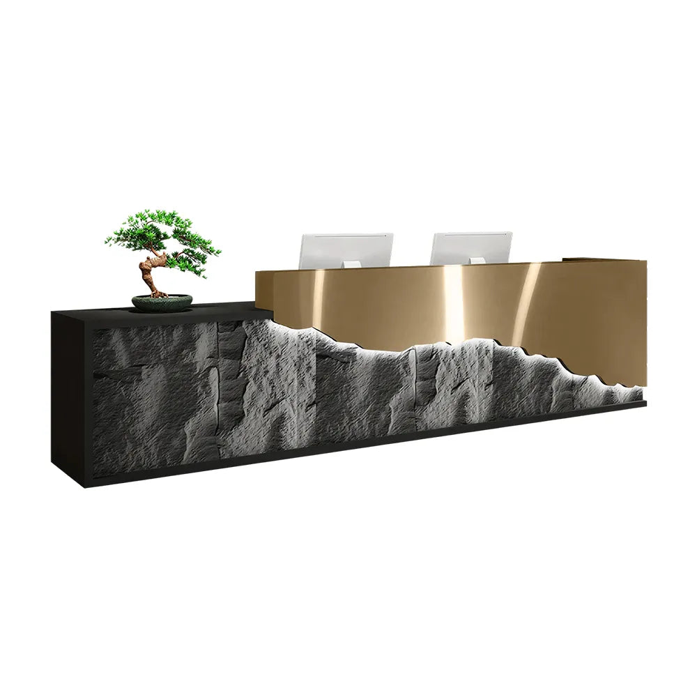 LUXORA Modern Reception Desk with LED-Lit Mushroom Stone Feature Panel for Office Retail Store - Gold Stainless Steel & Dark Grey