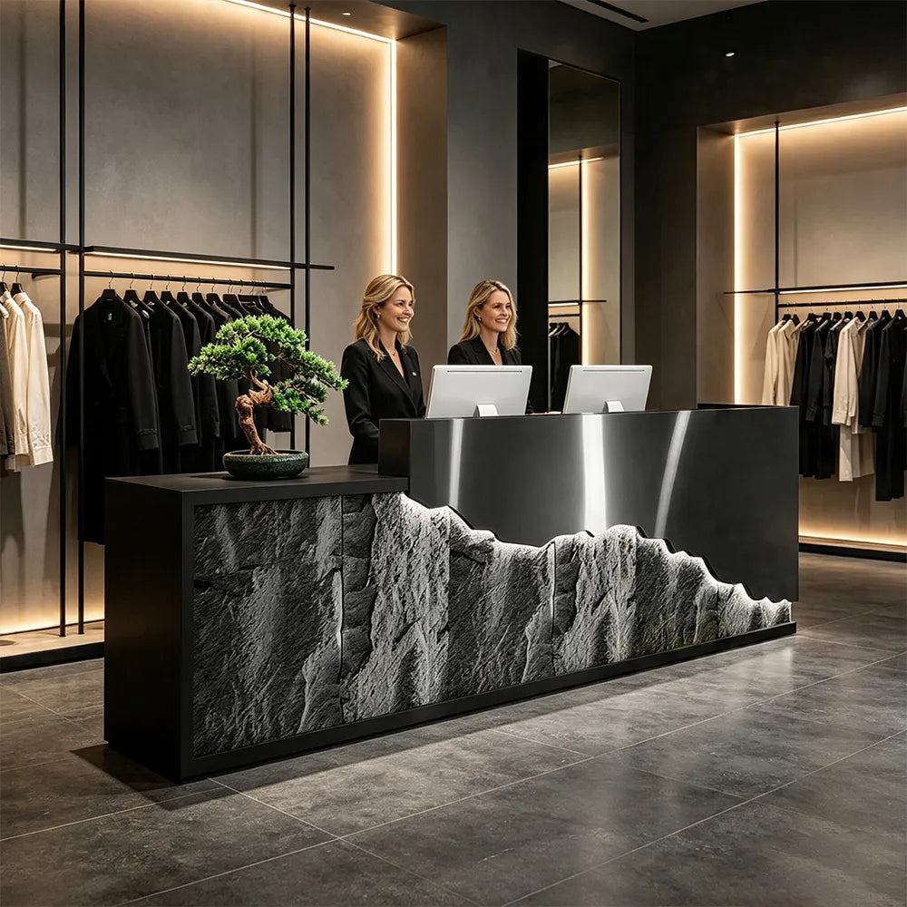 LUXORA Modern Reception Desk with LED-Lit Mushroom Stone Feature Panel for Office Retail Store - Black Stainless Steel & Dark Grey