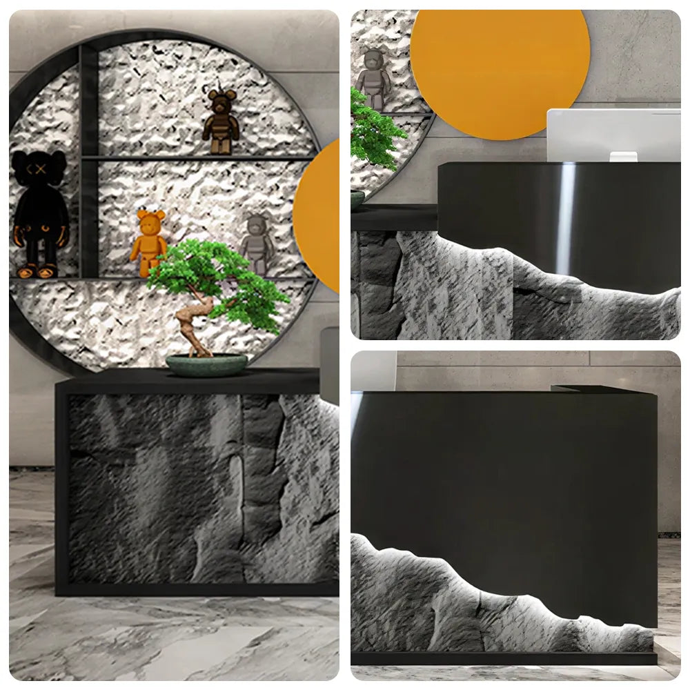LUXORA Modern Reception Desk with LED-Lit Mushroom Stone Feature Panel for Office Retail Store - Black Stainless Steel & Dark Grey