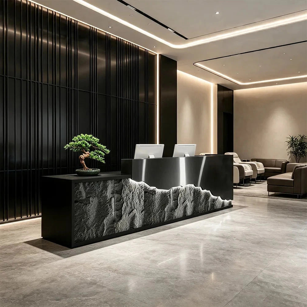 LUXORA Modern Reception Desk with LED-Lit Mushroom Stone Feature Panel for Office Retail Store - Black Stainless Steel & Dark Grey