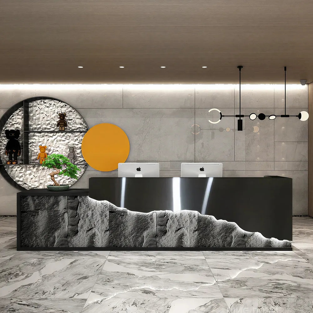 LUXORA Modern Reception Desk with LED-Lit Mushroom Stone Feature Panel for Office Retail Store - Black Stainless Steel & Dark Grey