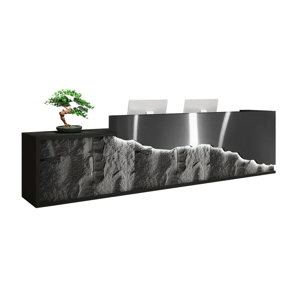LUXORA Modern Reception Desk with LED-Lit Mushroom Stone Feature Panel for Office Retail Store - Black Stainless Steel & Dark Grey