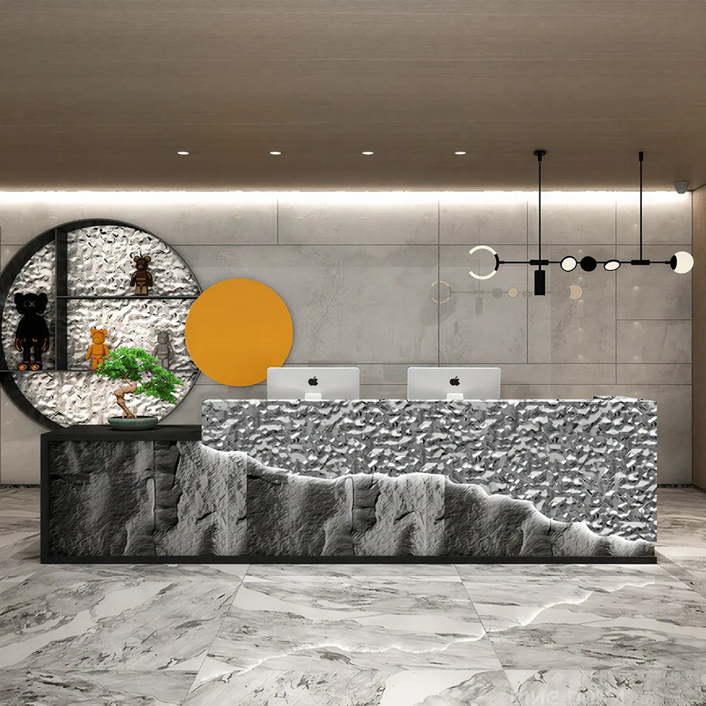 LUXORA Modern Reception Desk with LED-Lit Mushroom Stone Feature Panel for Office Retail Store - Water Ripple Stainless Steel & Dark Grey