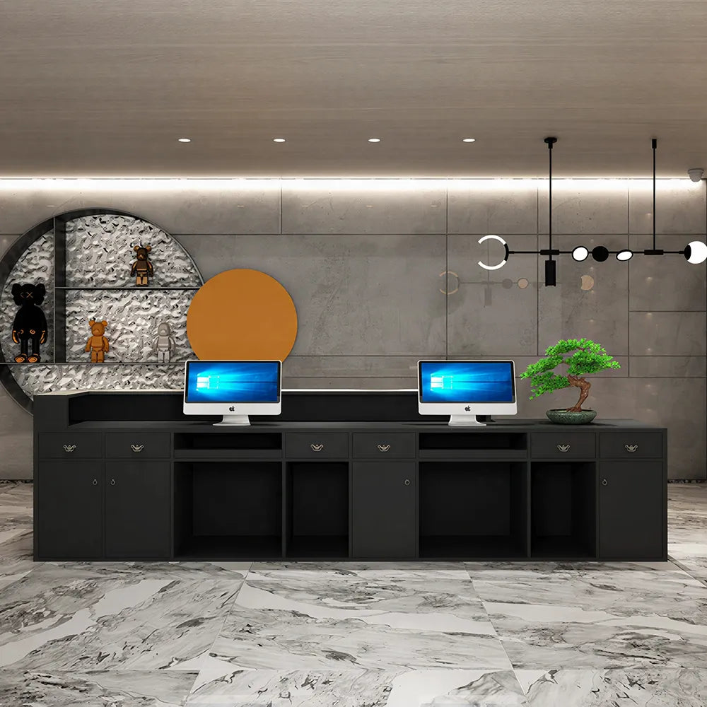 LUXORA Modern Reception Desk with LED-Lit Mushroom Stone Feature Panel for Office Retail Store - Water Ripple Stainless Steel & Dark Grey