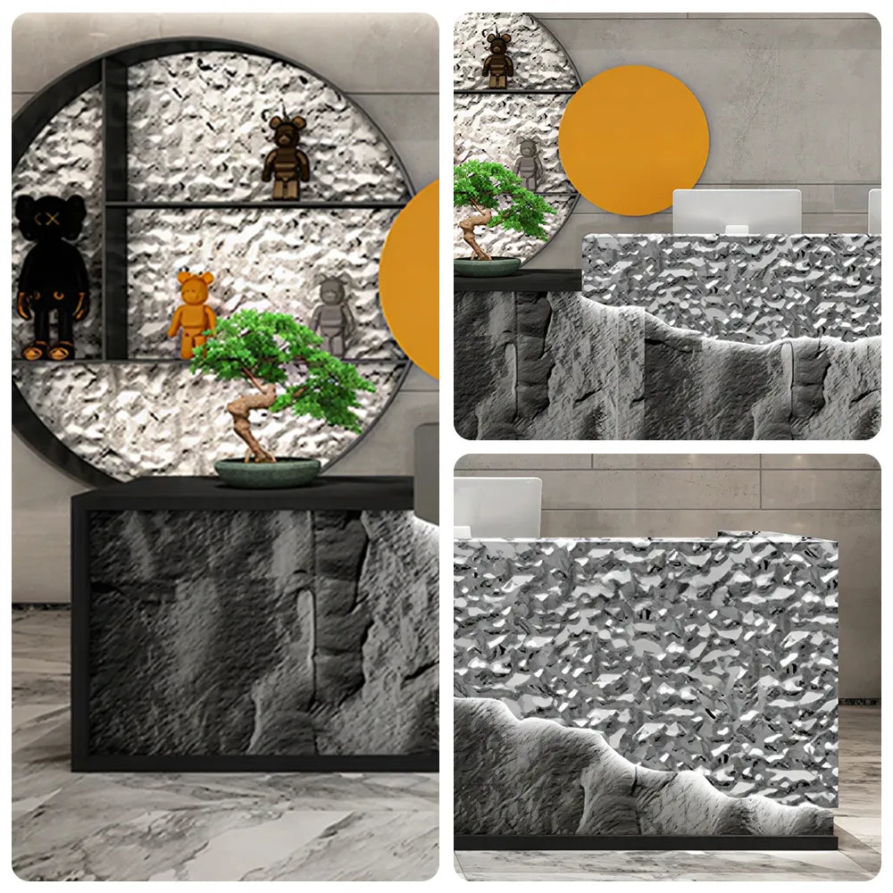 LUXORA Modern Reception Desk with LED-Lit Mushroom Stone Feature Panel for Office Retail Store - Water Ripple Stainless Steel & Dark Grey