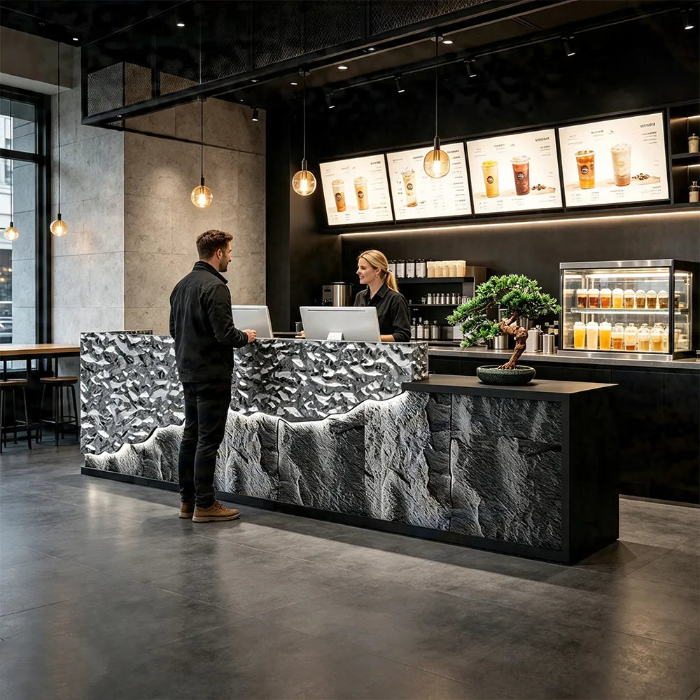 LUXORA Modern Reception Desk with LED-Lit Mushroom Stone Feature Panel for Office Retail Store - Water Ripple Stainless Steel & Dark Grey