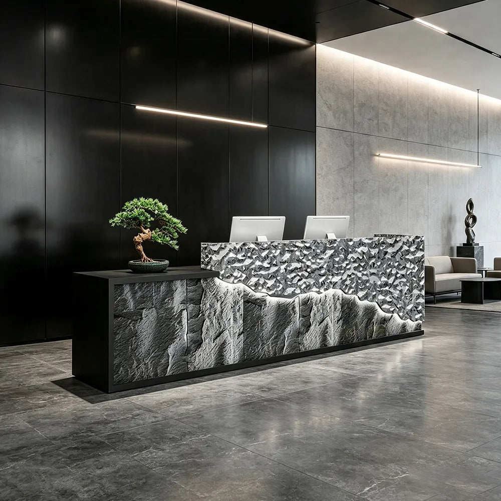 LUXORA Modern Reception Desk with LED-Lit Mushroom Stone Feature Panel for Office Retail Store - Water Ripple Stainless Steel & Dark Grey