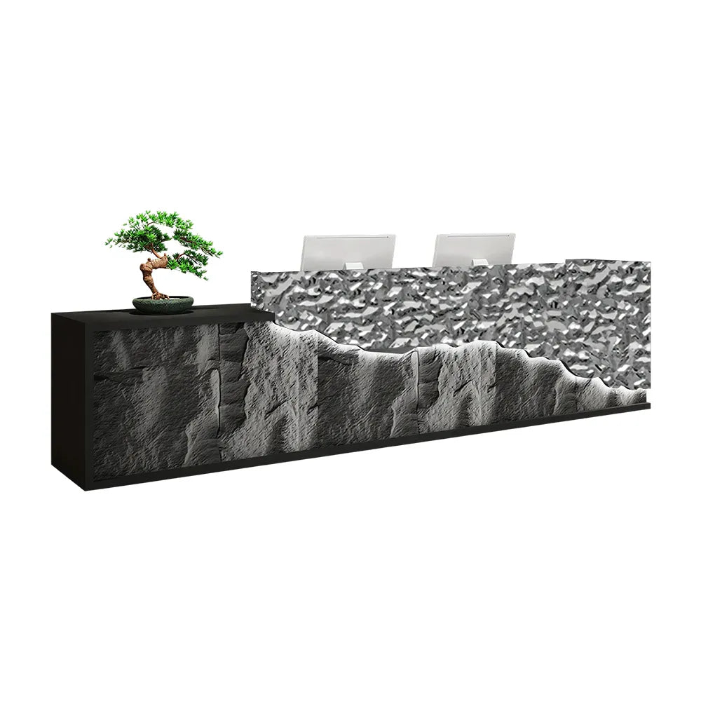 LUXORA Modern Reception Desk with LED-Lit Mushroom Stone Feature Panel for Office Retail Store - Water Ripple Stainless Steel & Dark Grey