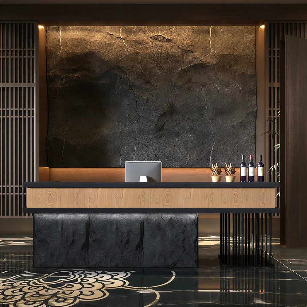 LUXORA Modern Reception Desk with Logo Panel and Mushroom Stone Front for Office Retail Store - Natural Wood, Black Woodgrain & Dark Grey