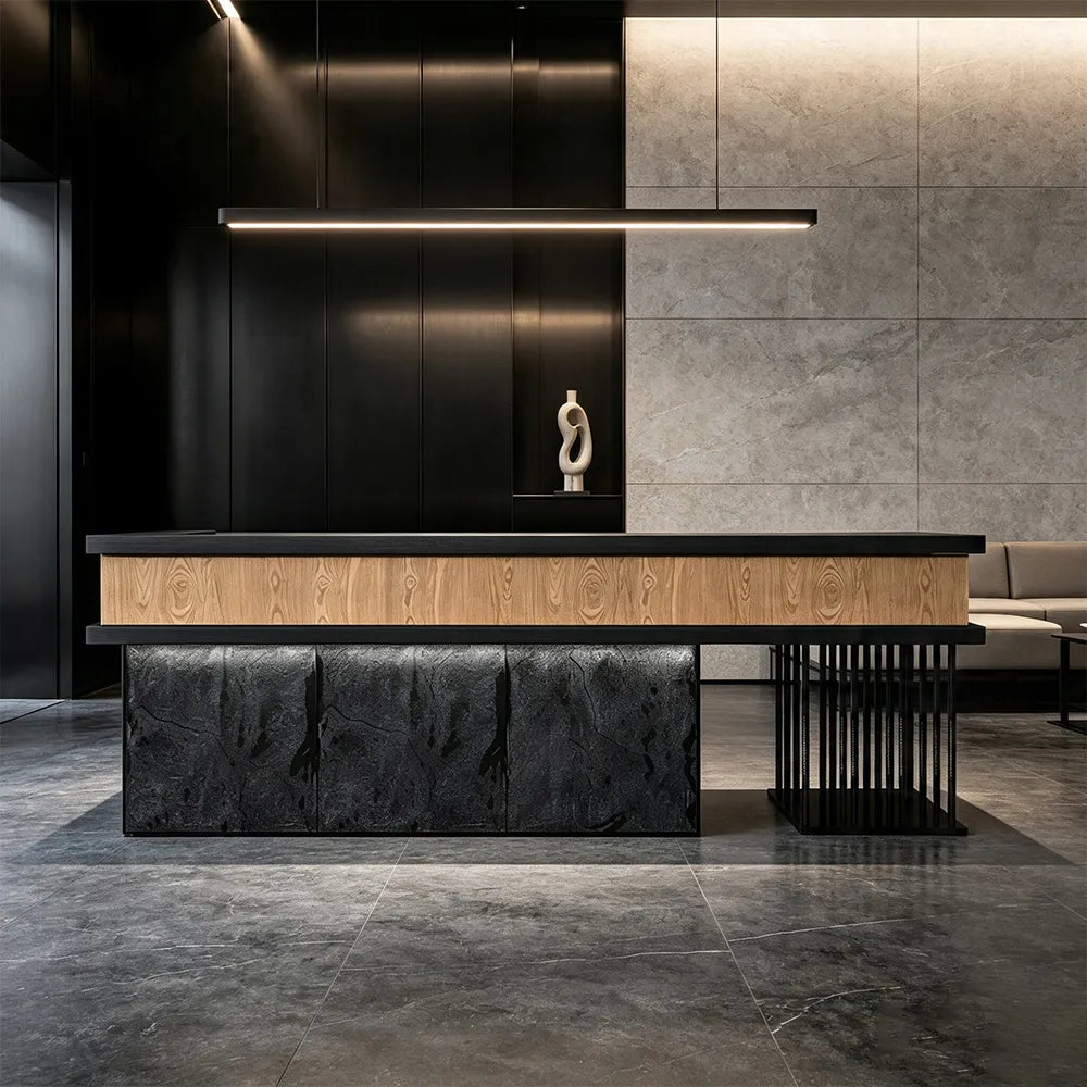LUXORA Modern Reception Desk with Logo Panel and Mushroom Stone Front for Office Retail Store - Natural Wood, Black Woodgrain & Dark Grey