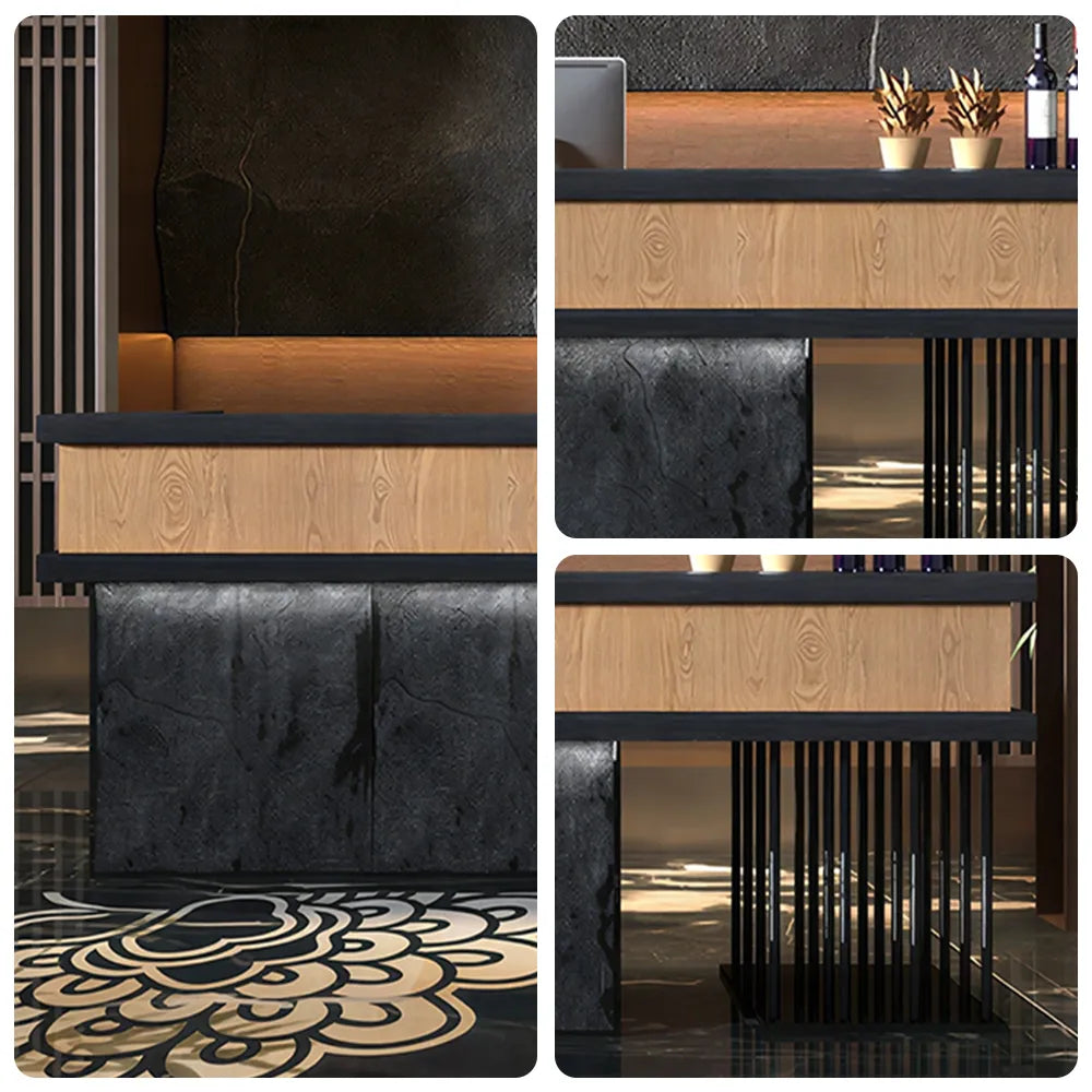 LUXORA Modern Reception Desk with Logo Panel and Mushroom Stone Front for Office Retail Store - Natural Wood, Black Woodgrain & Dark Grey