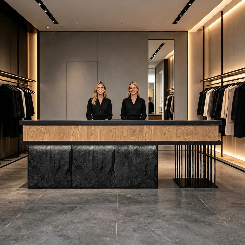 LUXORA Modern Reception Desk with Logo Panel and Mushroom Stone Front for Office Retail Store - Natural Wood, Black Woodgrain & Dark Grey