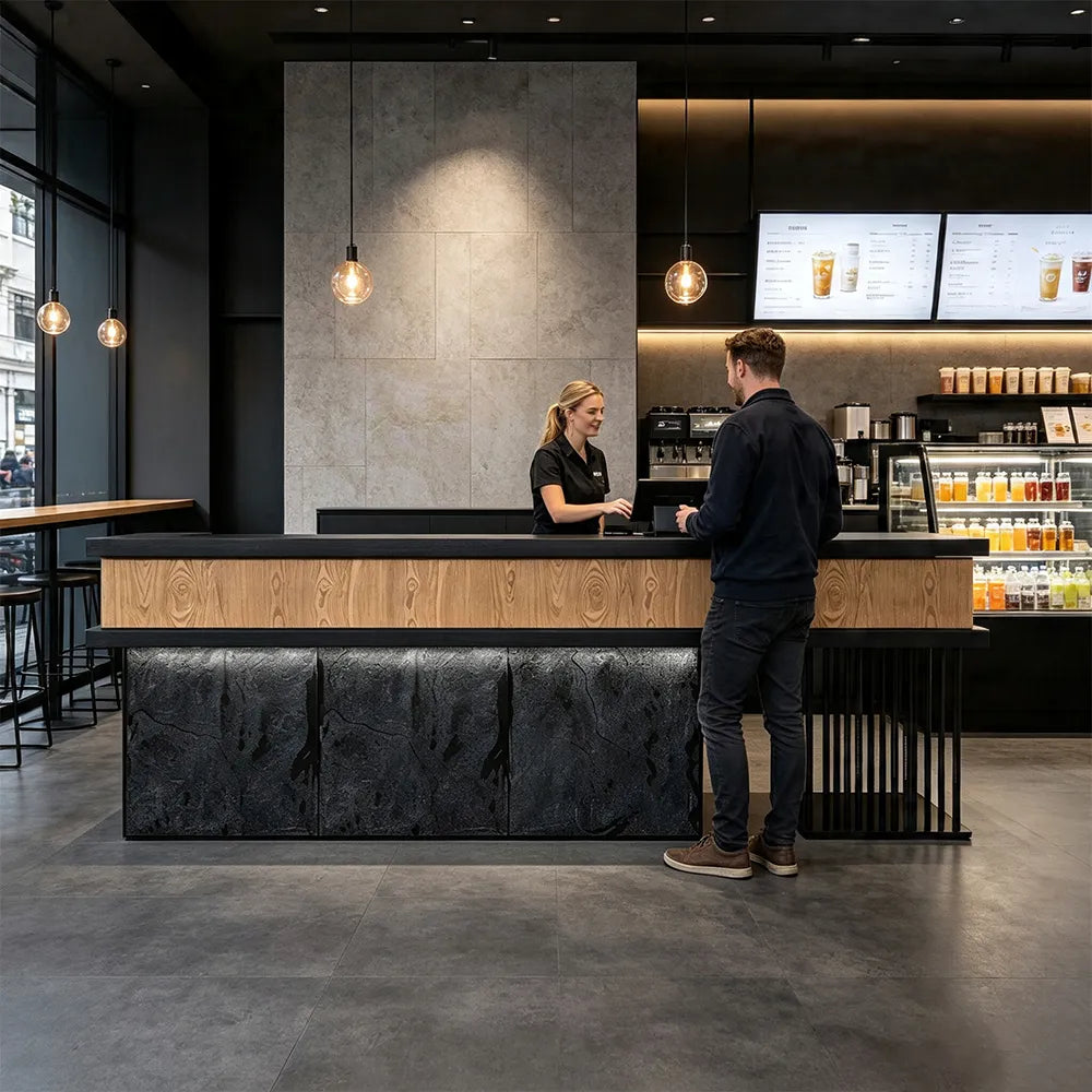 LUXORA Modern Reception Desk with Logo Panel and Mushroom Stone Front for Office Retail Store - Natural Wood, Black Woodgrain & Dark Grey