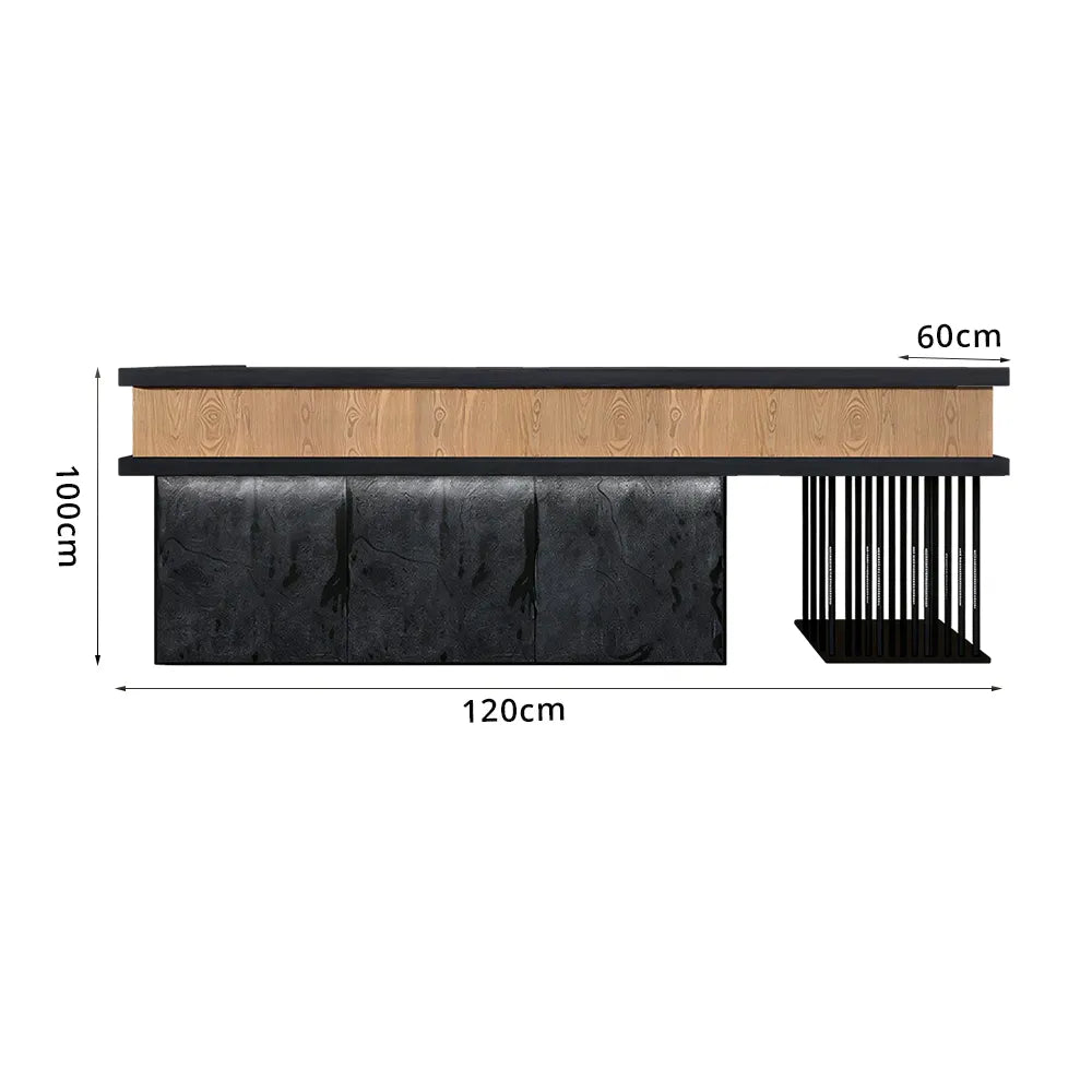 LUXORA Modern Reception Desk with Logo Panel and Mushroom Stone Front for Office Retail Store - Natural Wood, Black Woodgrain & Dark Grey