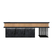 LUXORA Modern Reception Desk with Logo Panel and Mushroom Stone Front for Office Retail Store - Natural Wood, Black Woodgrain & Dark Grey