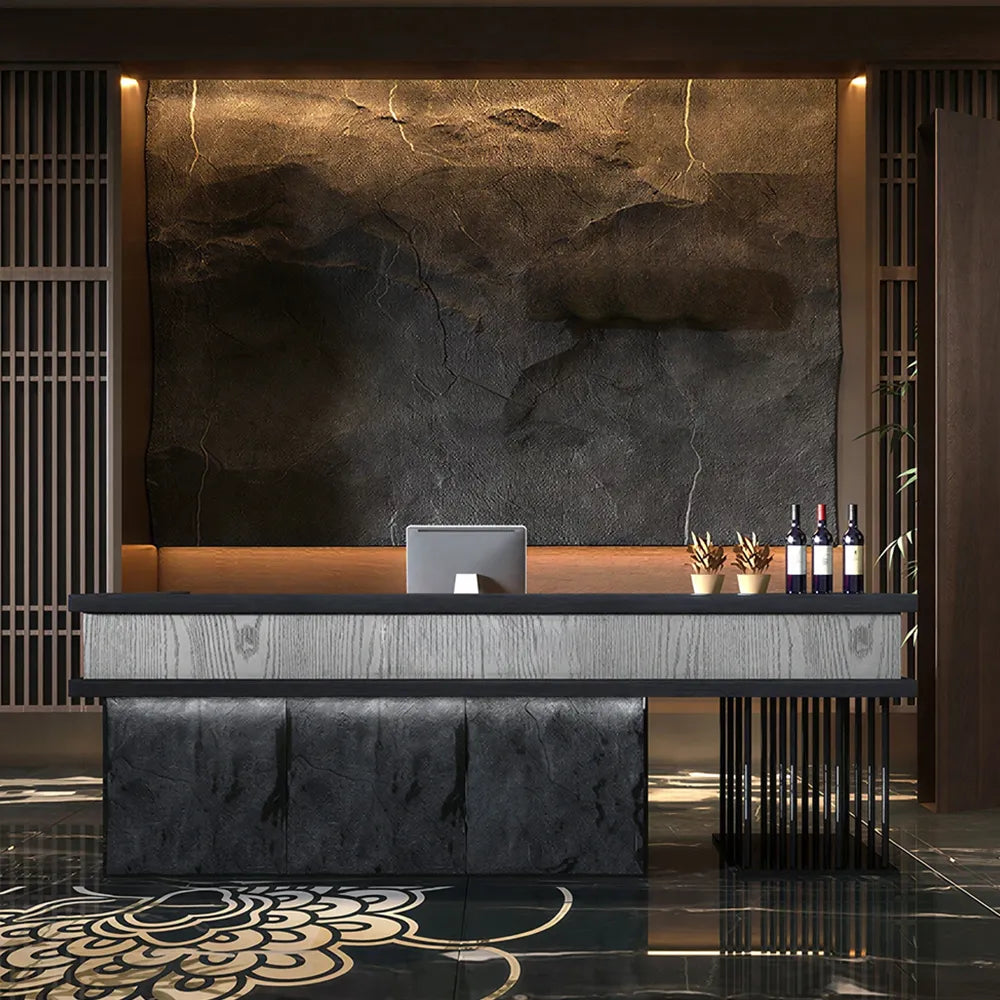 LUXORA Industrial Reception Desk with LED Logo and Stone Front for Bar Restaurant Retail Store - Grey Woodgrain, Black Woodgrain & Dark Grey