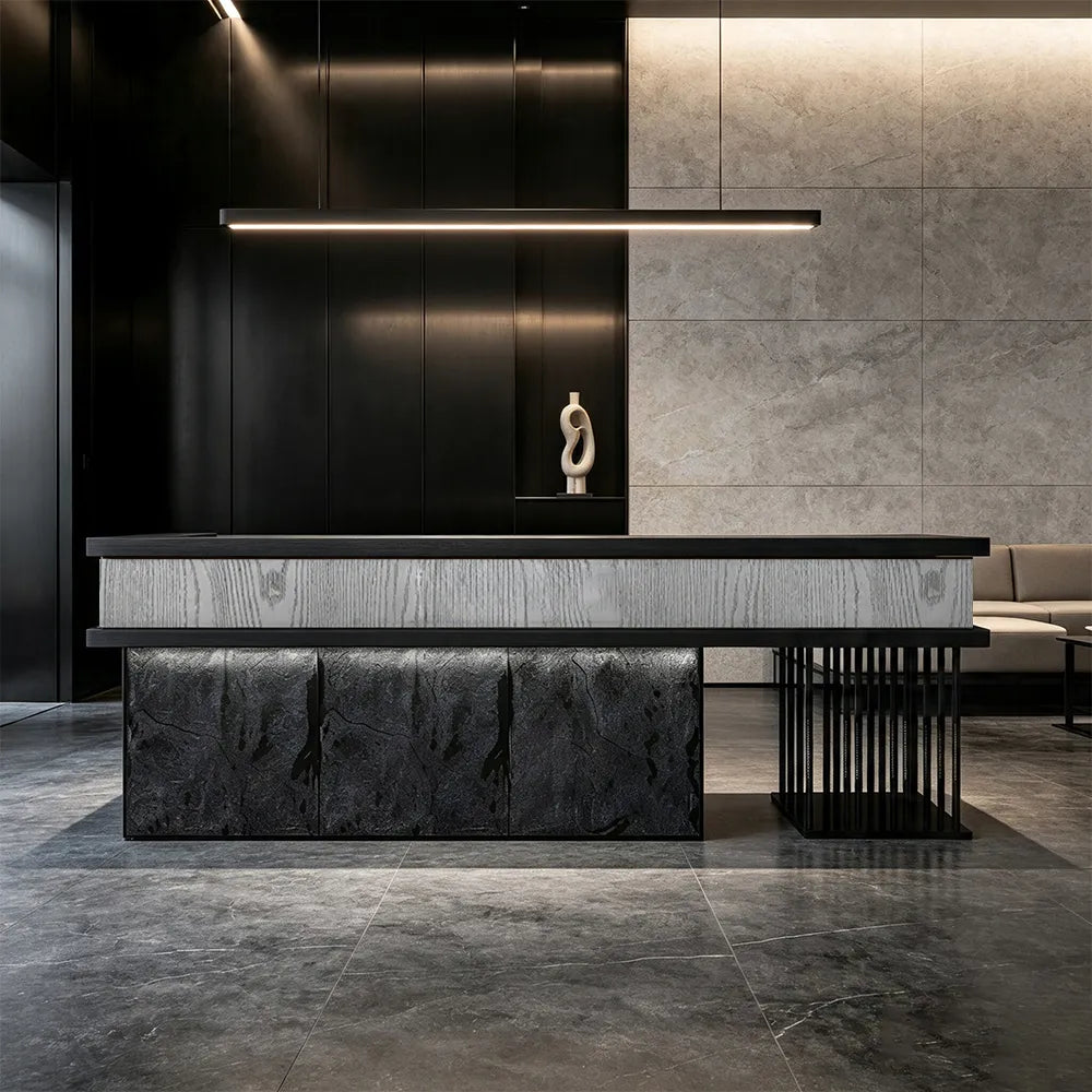LUXORA Industrial Reception Desk with LED Logo and Stone Front for Bar Restaurant Retail Store - Grey Woodgrain, Black Woodgrain & Dark Grey