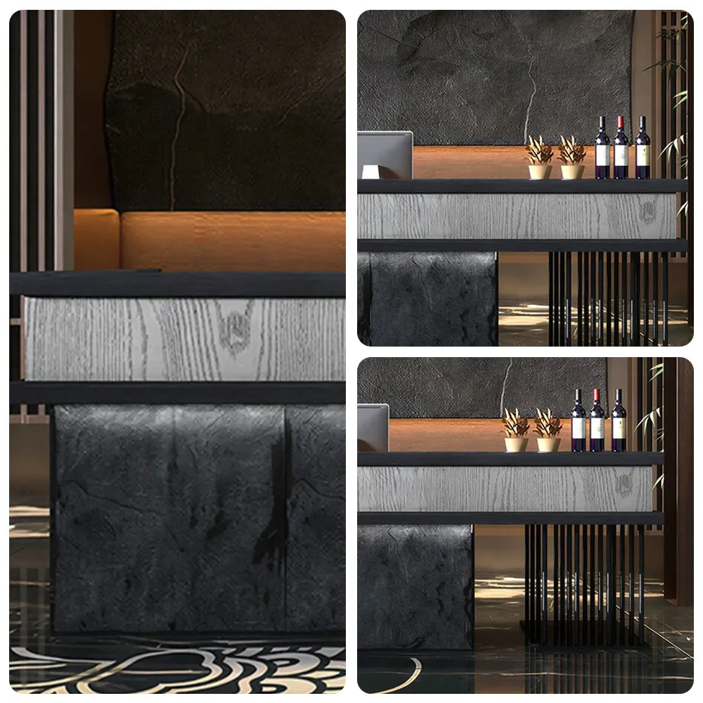 LUXORA Industrial Reception Desk with LED Logo and Stone Front for Bar Restaurant Retail Store - Grey Woodgrain, Black Woodgrain & Dark Grey