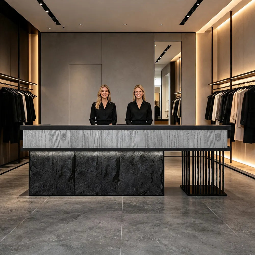LUXORA Industrial Reception Desk with LED Logo and Stone Front for Bar Restaurant Retail Store - Grey Woodgrain, Black Woodgrain & Dark Grey